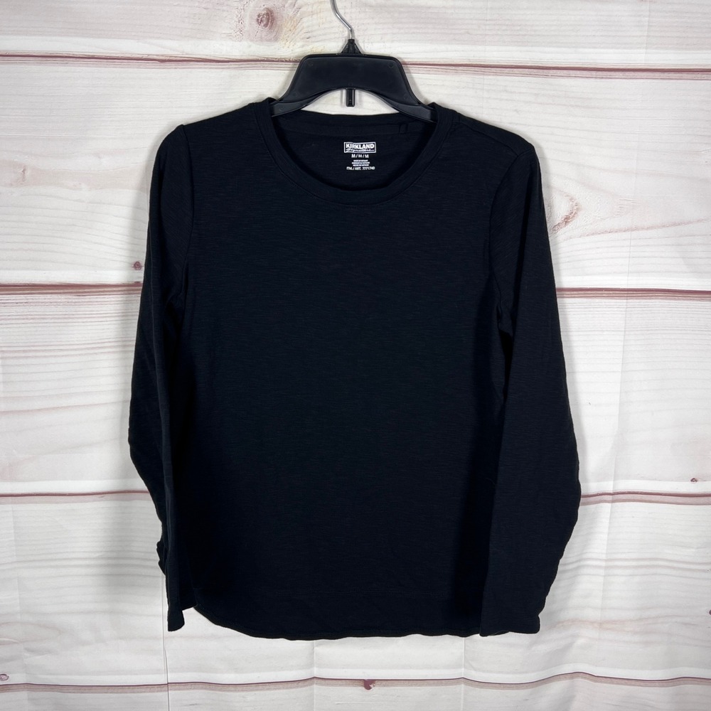 Kirkland Signature T-Shirt Womens Medium Black Long Sleeve Crew Neck Slub Cotton